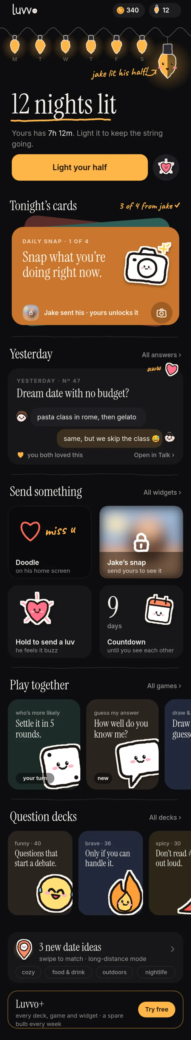 The Luvvo app: tonight's lights, cards, games and decks
